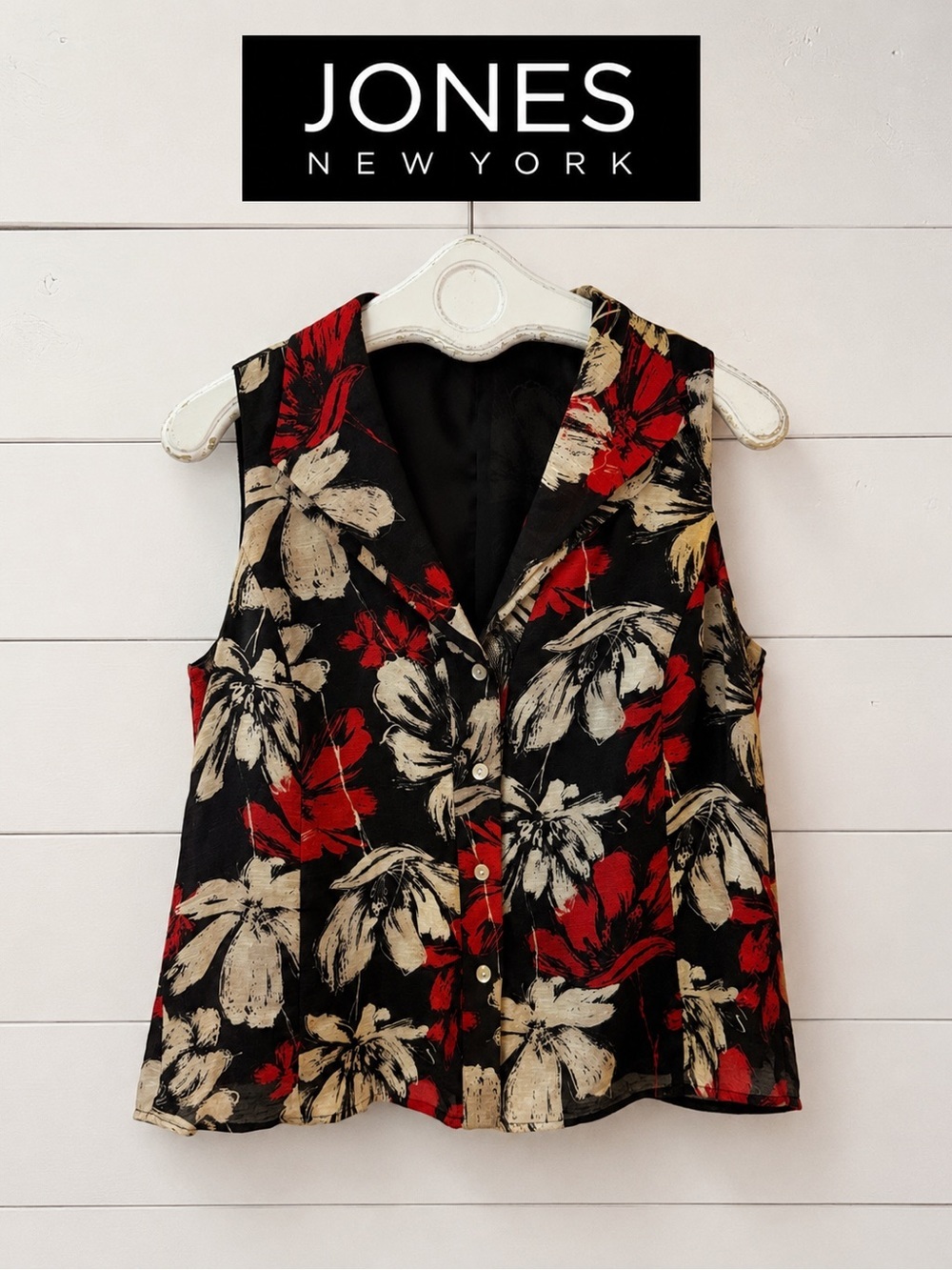 JONES NEW YORK Black Red Floral Sleeveless Blouse Size 8